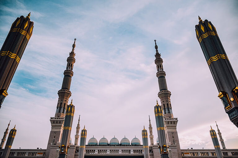 A mosque at night.