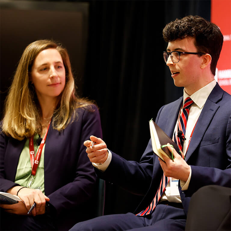 A student is speaking during an event at the Hamilton Lugar School of Global and International Studies.